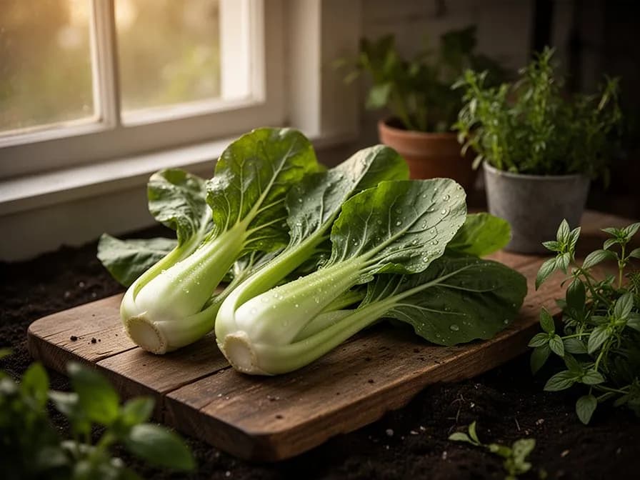 Peeled celtuce stem showing translucent pale green flesh on a cutting board