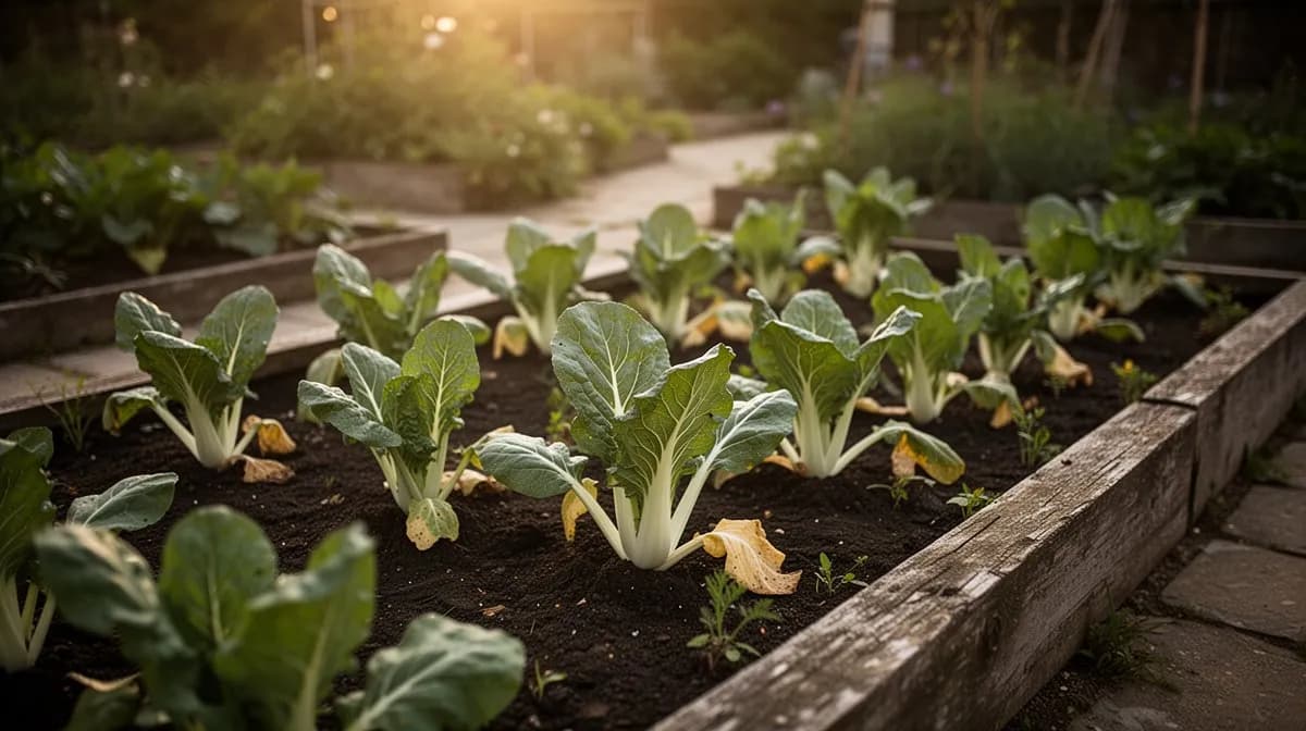 Rows of mature celtuce plants growing in a well-maintained vegetable garden bed