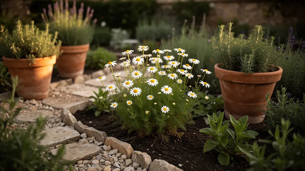 Ein dichter Kamille-Bestand in voller Blüte über einem Gartenbeet