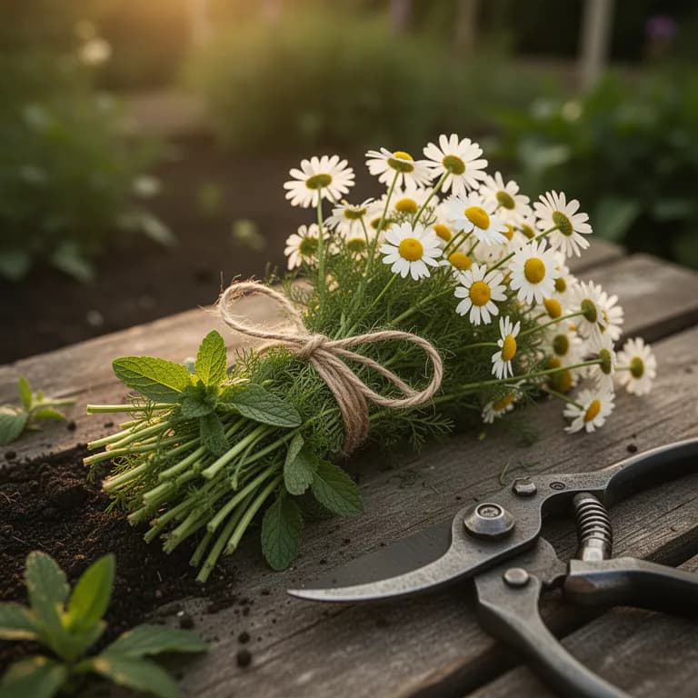 Frisch geerntete Kamilleblüten in einem geflochtenen Korb