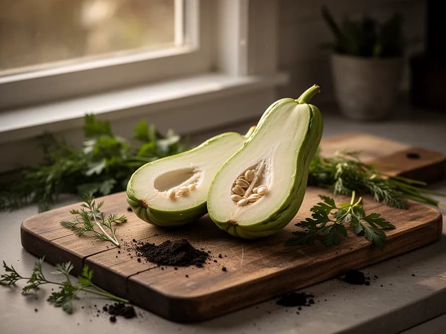 Sliced chayote showing crisp white flesh and flat edible seed