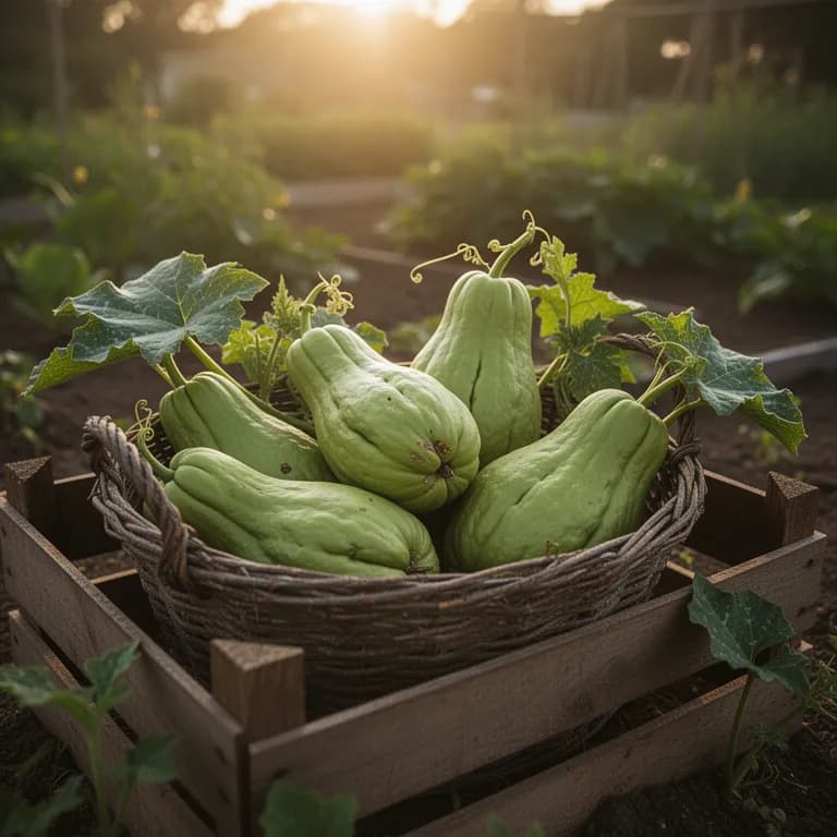 Freshly harvested pale green chayote fruits in a basket