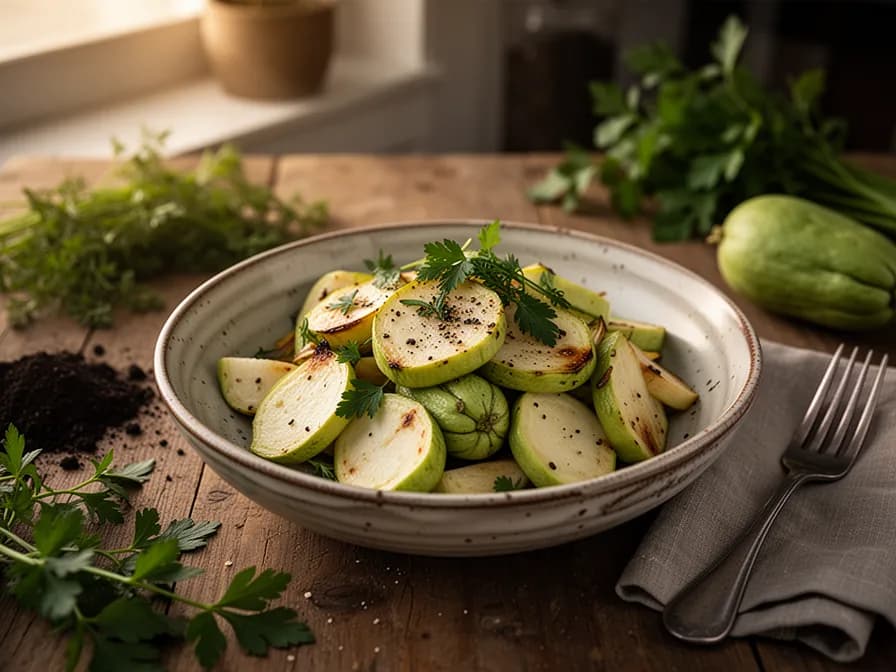 Chayote slices stir-fried with garlic and seasonings in a wok