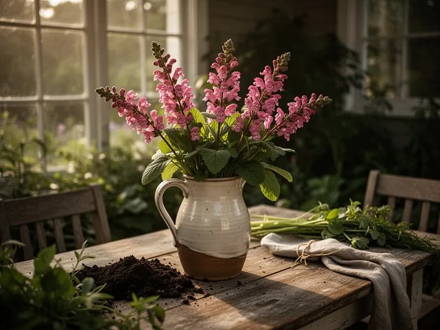 Hojas y flores secas de Chelone lyonii sobre una tabla de madera junto a una taza de infusión de hierbas
