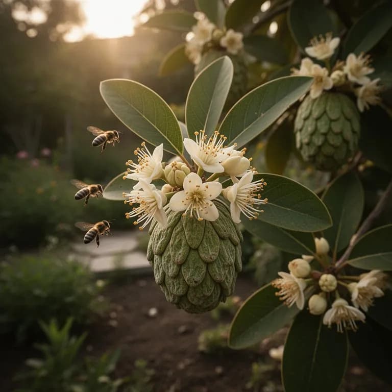 Flores de chirimoya colgando de las ramas