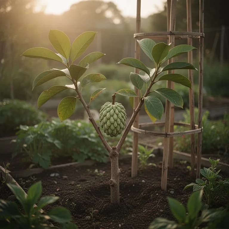 Árbol joven de chirimoya en un jardín