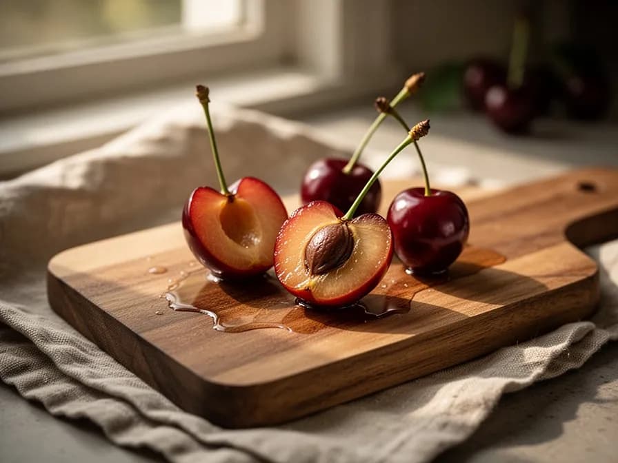 Several cherry varieties displayed including Bing, Rainier, and Stella cherries