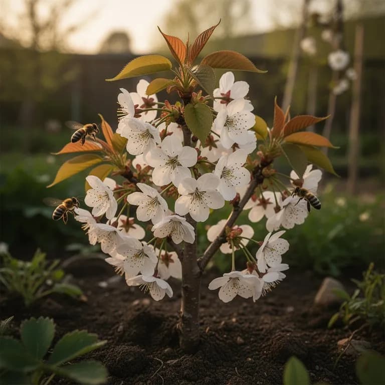 Cherry tree branches covered in delicate white spring blossoms