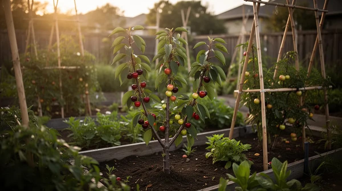 Cherry tree underplanted with pollinator-friendly herbs and wildflowers