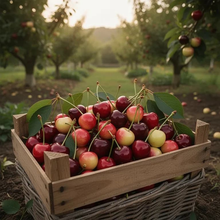 Hand picking ripe dark red cherries from a branch into a wicker basket