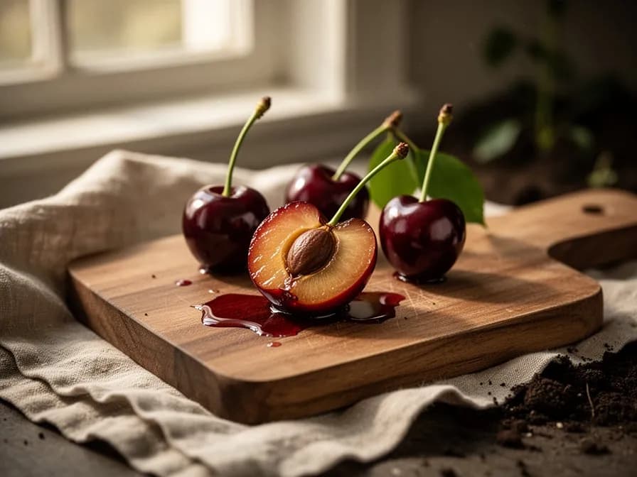 Racimos densos de cerezas Bing de color rojo caoba oscuro colgando de una rama frondosa con luz intensa de verano