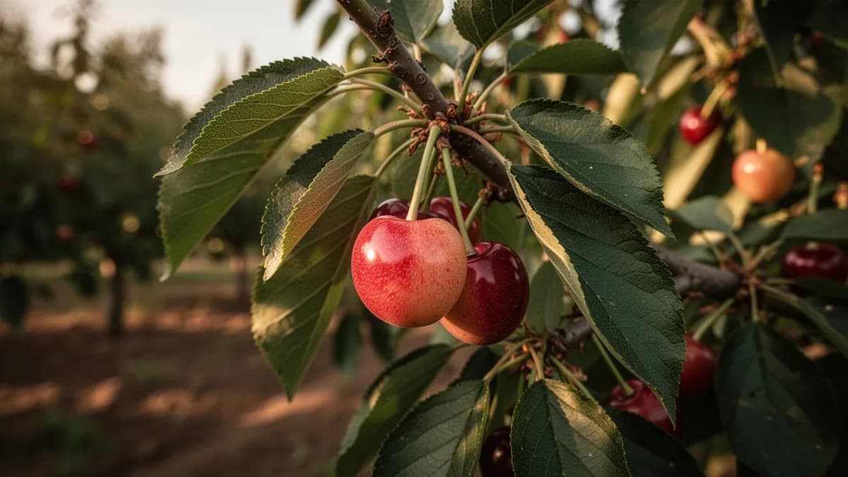Un cerezo Bing semienano completamente cubierto con malla blanca de malla fina asegurada en la base