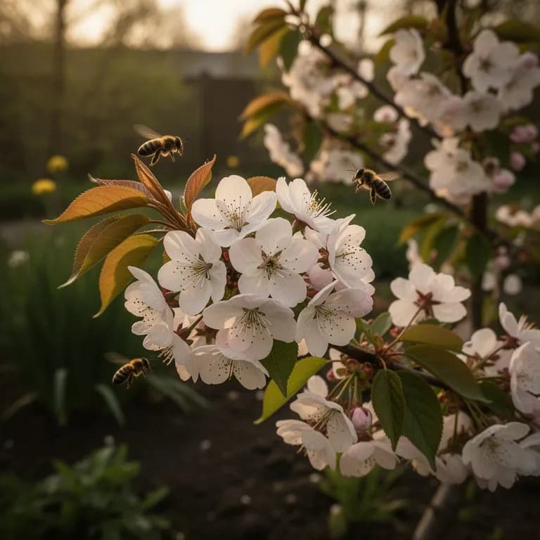 Lapins-Kirschbaum, bedeckt mit dichten Büscheln weißer Blüten im frühen Frühling vor einem hellblauen Himmel