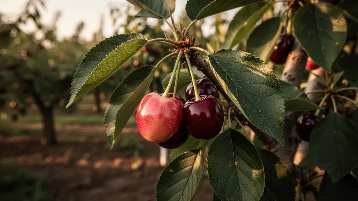 Un jardinero retirando con cuidado un brote lateral fructificado de un cerezo Morello entrenado en abanico a finales del verano