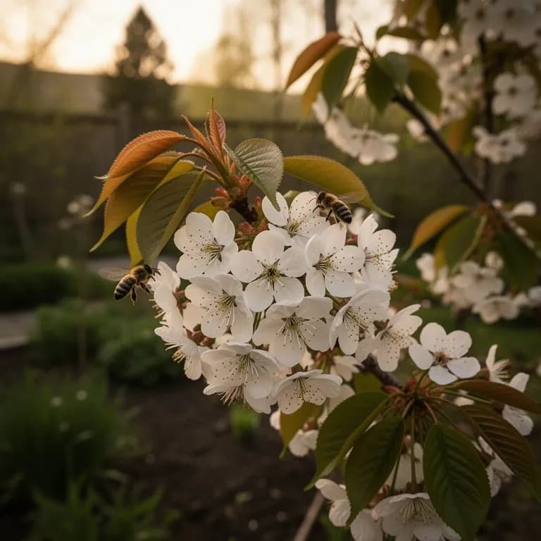 Rainier-Kirschbaumäste, bedeckt mit dichten weißen Blütenbüscheln im Frühfrühling vor blauem Himmel