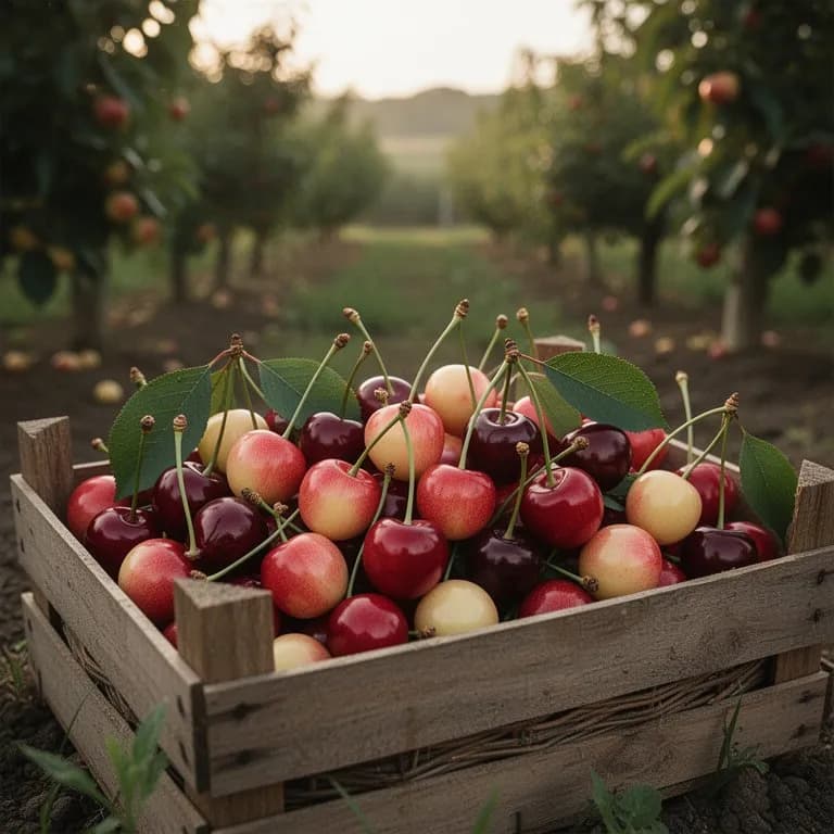 Primer plano de cerezas Rainier individuales mostrando piel dorada translúcida, rubor rojo y pulpa firme y carnosa