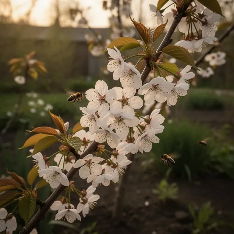 Sauerkirschbaum im frühen Frühling mit weißen Blüten bedeckt vor klarem blauem Himmel