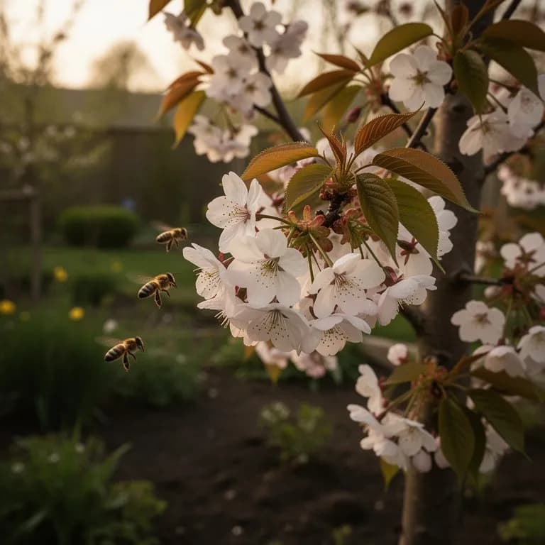 Süßkirschbaum in spektakulärer voller Blüte mit Massen rein weißer fünfblättriger Blüten vor klarem blauen Himmel