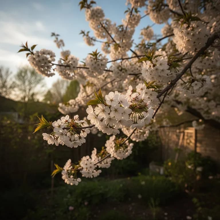 Sweet cherry tree covered in dense clusters of white blossoms during early spring with a clear blue sky