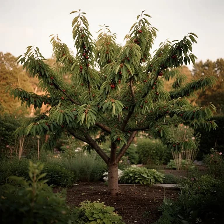 Fan-trained sweet cherry tree growing against a south-facing brick wall with symmetrical branches