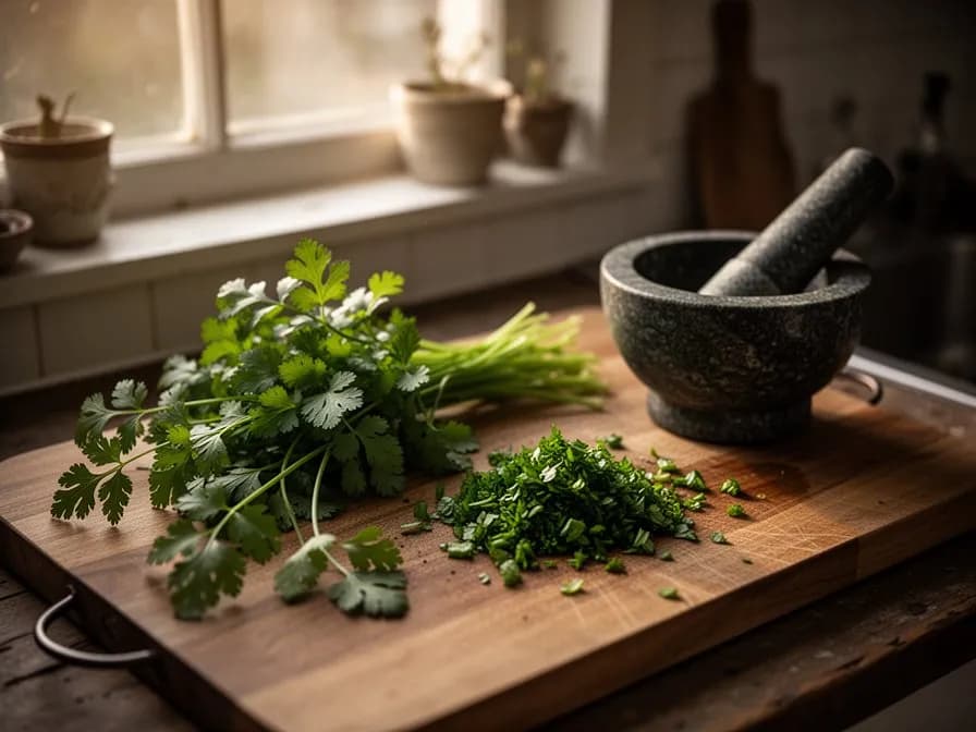 Klassische französische Fines-herbes-Mischung aus Kerbel, Petersilie, Estragon und Schnittlauch auf einer Marmoroberfläche