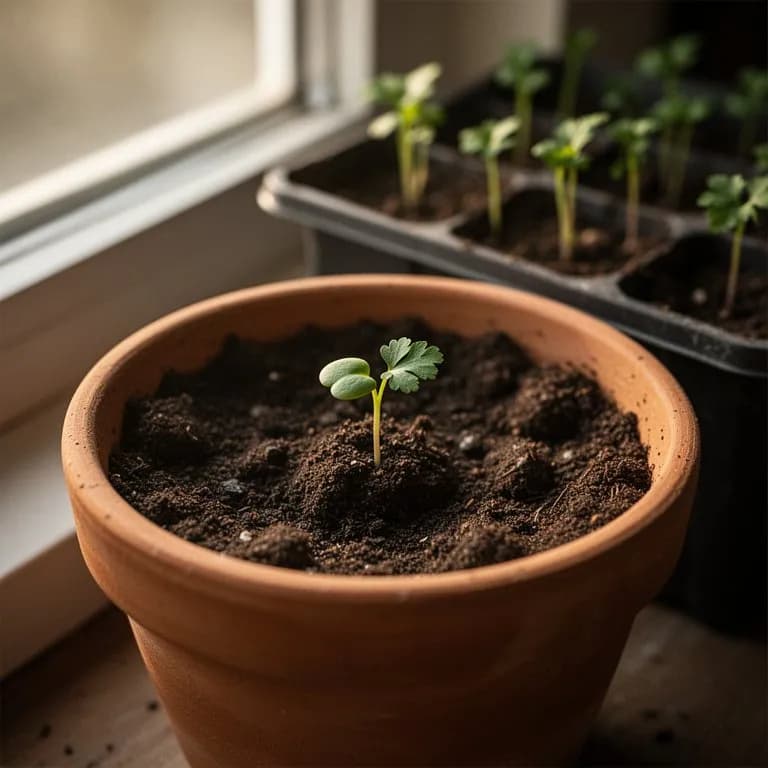 Zarte Kerbel-Keimlinge mit feinen, fiedrigen Keimblättern, die aus feuchtem Gartenboden aufgehen