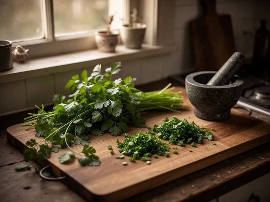 Klassische französische Fines-herbes-Mischung aus Kerbel, Schnittlauch, Petersilie und Estragon auf einer Marmoroberfläche