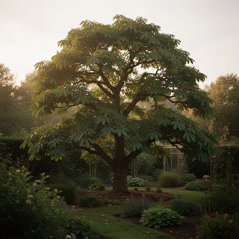 Ein großer ausgewachsener Kastanienbaum mit breiter, ausladender Krone