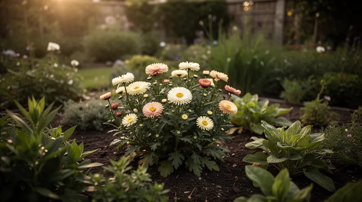 Asters chinos creciendo junto a calegulas y zinnias en un parterre de jardin favorable a los polinizadores