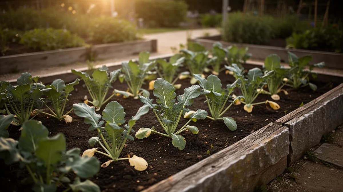 Chinesische Brokkoli-Pflanzen mit dicken blaugrünen Blättern in einem Gartenbeet