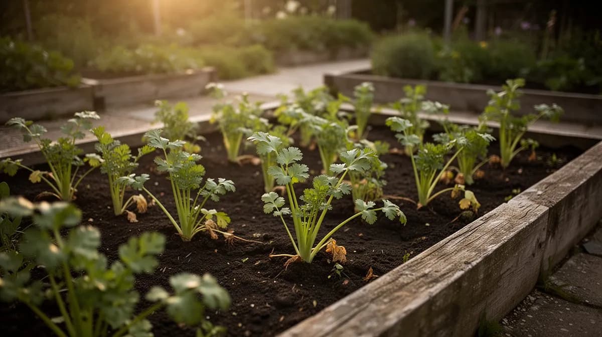 Rows of Chinese celery growing densely in a raised garden bed