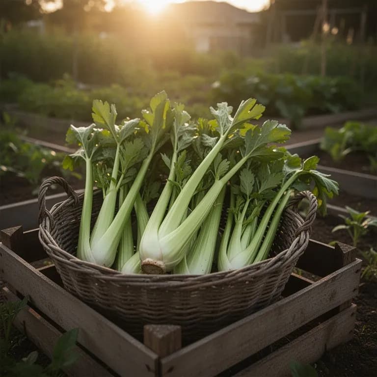 Freshly harvested bunch of Chinese celery with roots trimmed and stems bundled