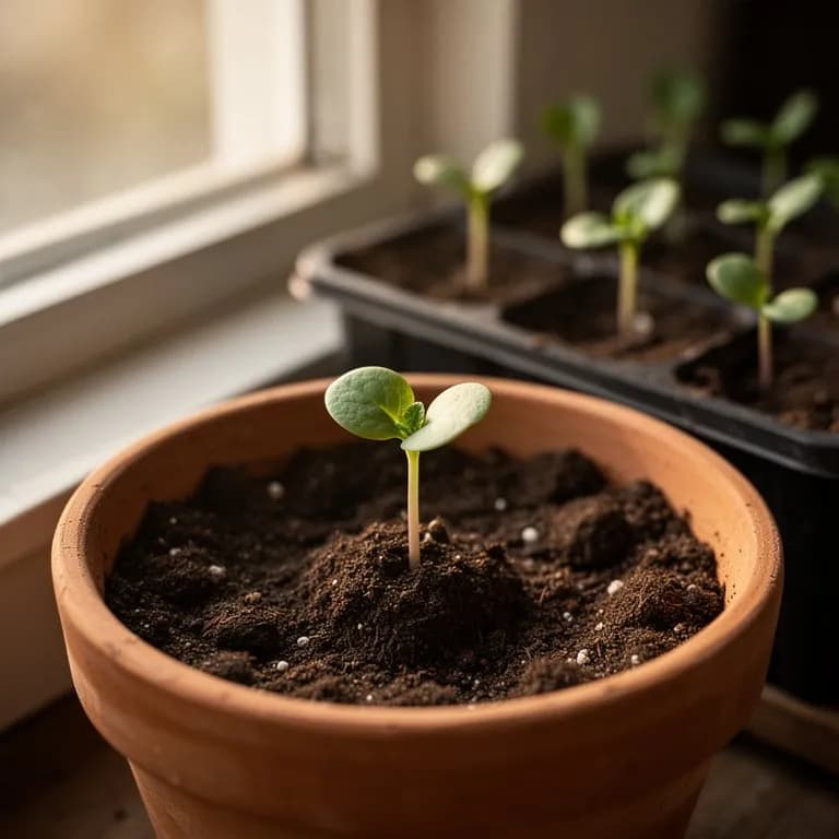 Tiny Chinese celery seedlings with thin, delicate stems and first true leaves