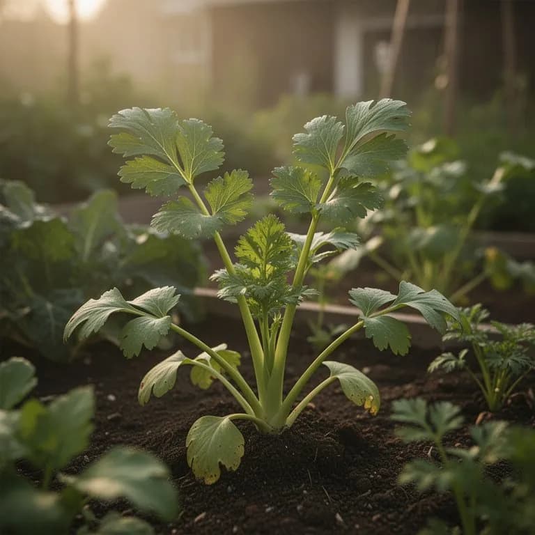 Close-up of deeply serrated Chinese celery leaves with intense green color