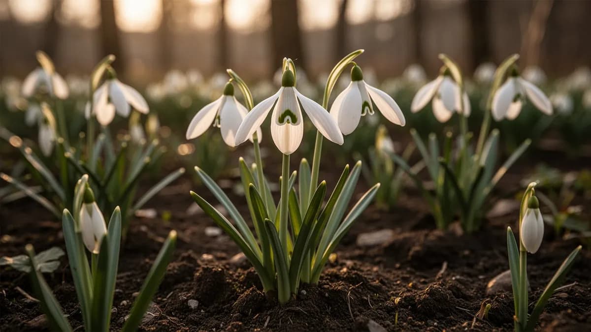 Pequeños bulbos de chionodoxa siendo plantados en el suelo del jardín en otoño