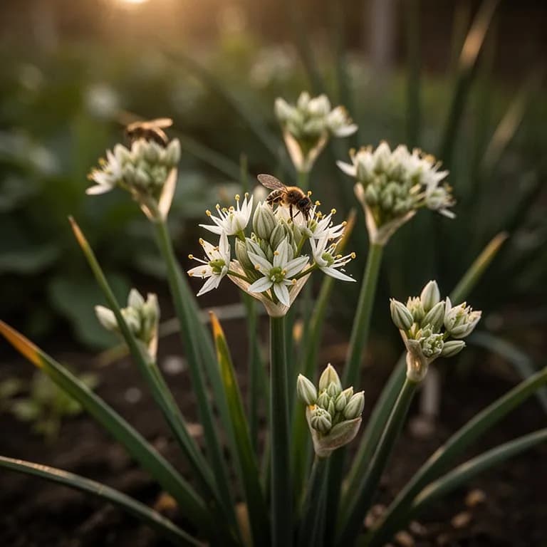 Starry white Chinese chive flowers in full bloom attracting pollinators