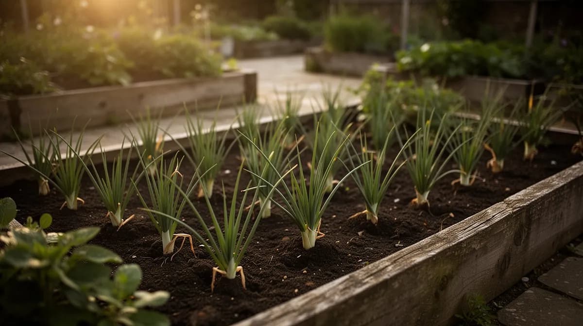 Chinese chives growing as an edging border along a raised garden bed
