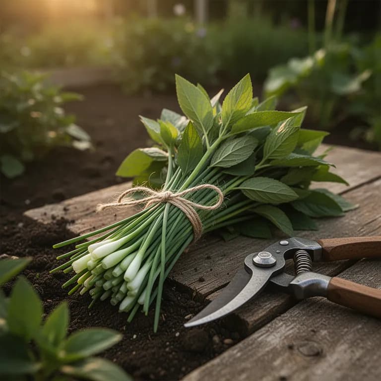 Freshly harvested chive stems on a cutting board