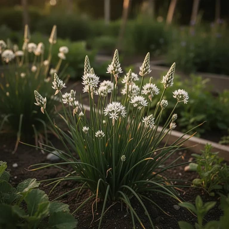 Büschel reinweißer sternförmiger Knoblauchschnittlauch-Blüten, die von Bestäubern umschwärmt werden