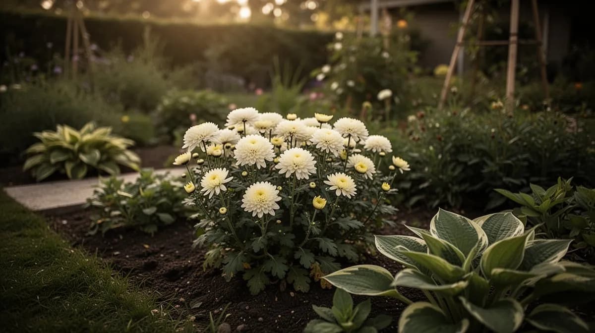A colorful border of chrysanthemums lining a garden path with mixed varieties in autumn tones