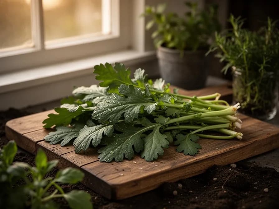 Chrysanthemum-Blattgemüse wird zu einem dampfenden asiatischen Feuertopf mit anderem Gemüse gegeben