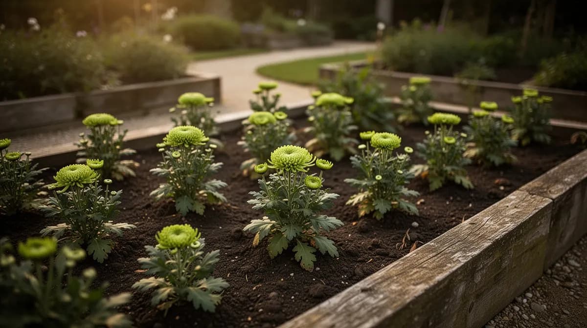 Dichte Bepflanzung von Chrysanthemum-Blattgemüse in einem Hochbeet bei kühlem Wetter
