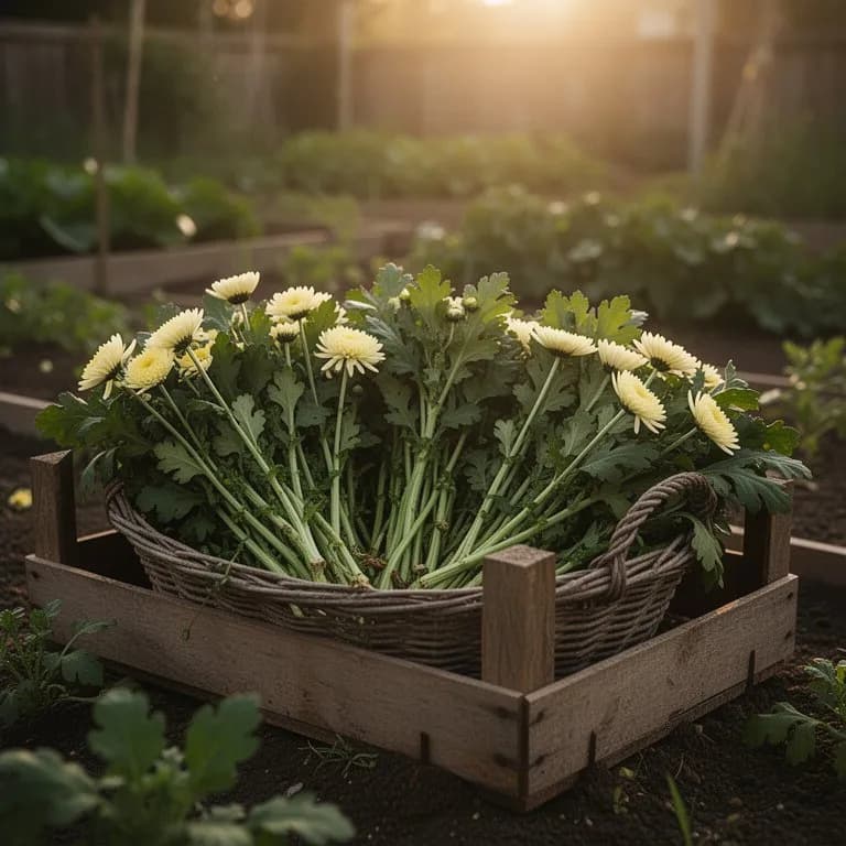 Frisch geerntetes Chrysanthemum-Blattgemüse mit zarten Stängeln, angeordnet in einem Bambuskorb