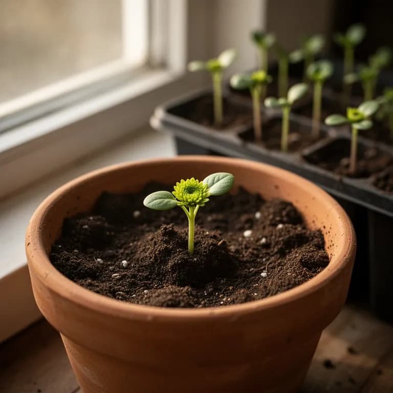 Zarte Chrysanthemum-Blattgemüse-Sämlinge mit federartigen ersten echten Blättern, die aus nährstoffreichem Boden hervortreten