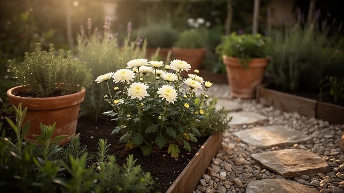 Eine üppige Reihe von Chrysanthemen-Teepflanzen in einem gepflegten Kräutergarten