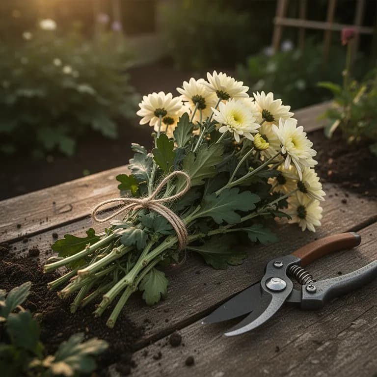 Frisch gepflückte Chrysanthemenblüten in einem Bambuskorb