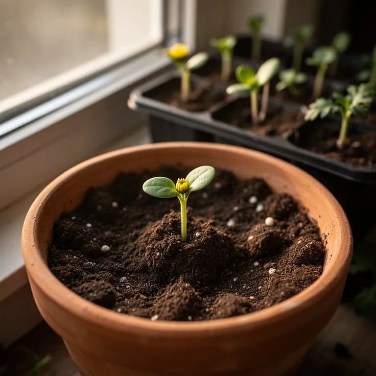 Junge Chrysanthemen-Sämlinge mit tief gelappten ersten echten Blättern