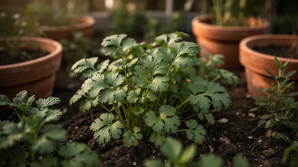 Semillas secas de cilantro en grano en un cuenco pequeño junto a una planta de cilantro