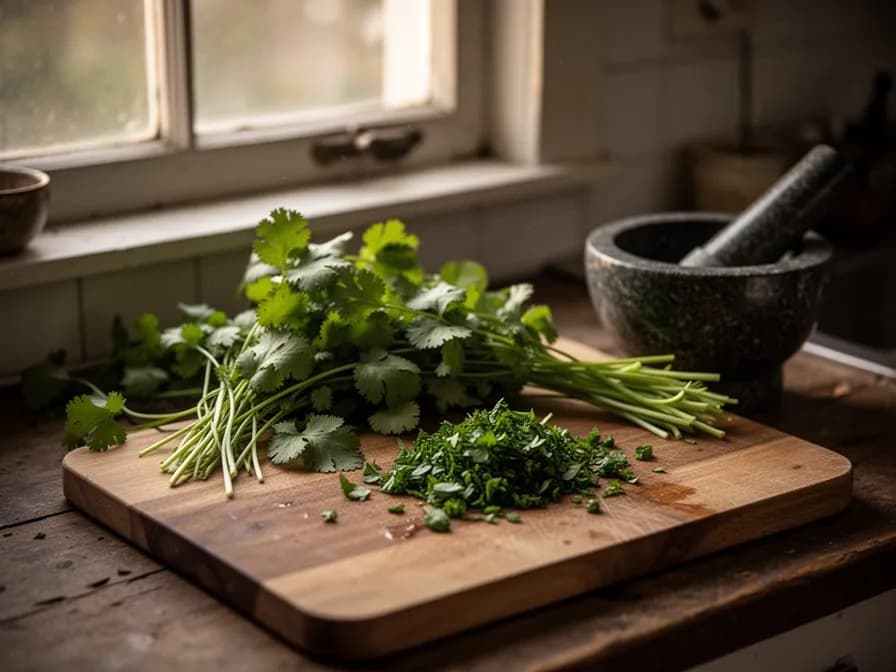 Schüssel mit leuchtend grüner Salsa Verde aus frischem Koriander neben Tortilla-Chips