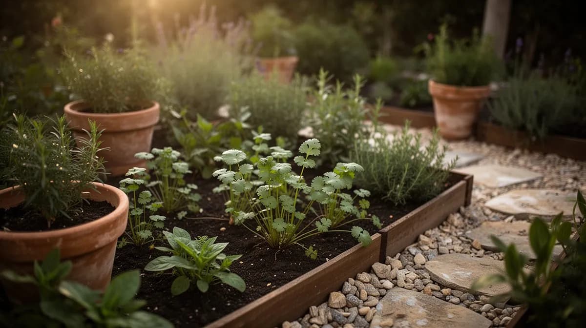 Cilantro Calypso creciendo exuberantemente en una maceta de terracota en un patio soleado